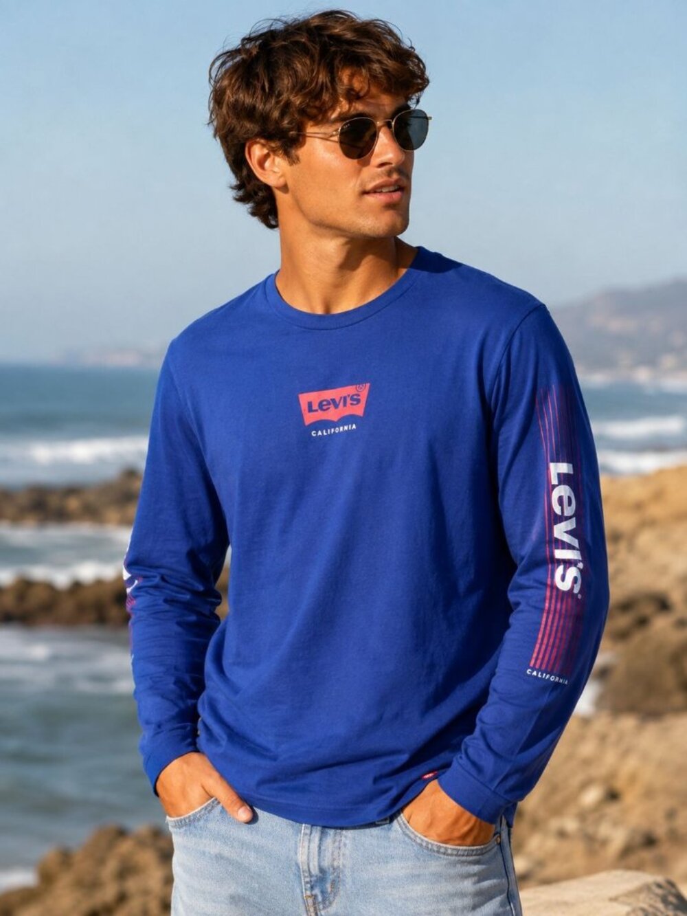 Levis Mens Blue Long Sleeve T-Shirt With Logo Graphic California Print Size M